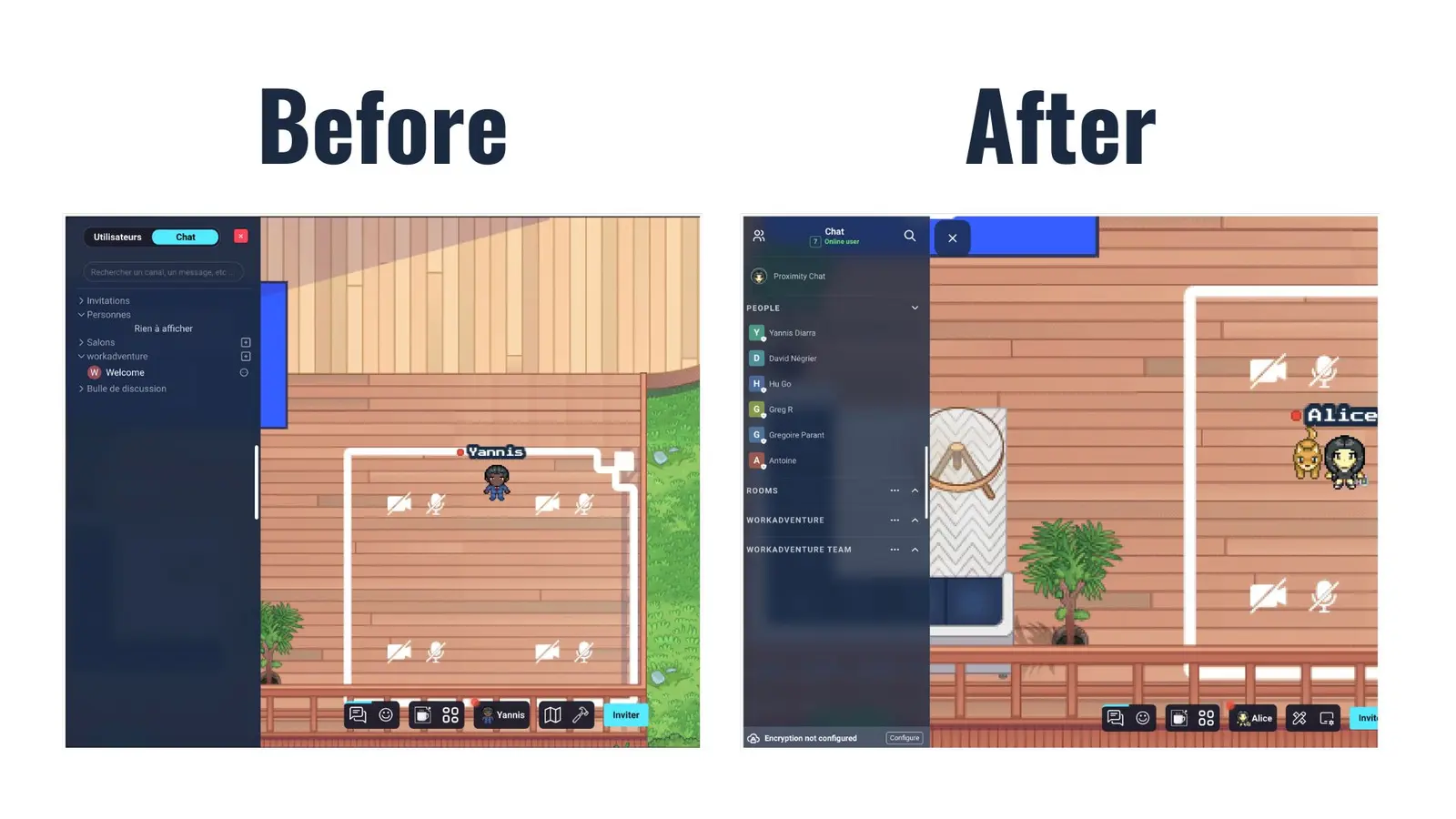 On the left side a picture representing the "before" showing how the chat of workadventure looked before the 1.24 version. On the right side, a screenshot showing how the new chat looks.
