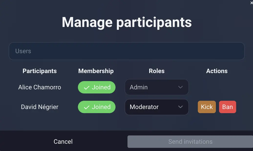 A textbox with the title "manage participants". A participant, Alice, appears as an admin, whereas David, another participant, appears as moderator. Next to David, there are two buttons: Kick and Ban.
