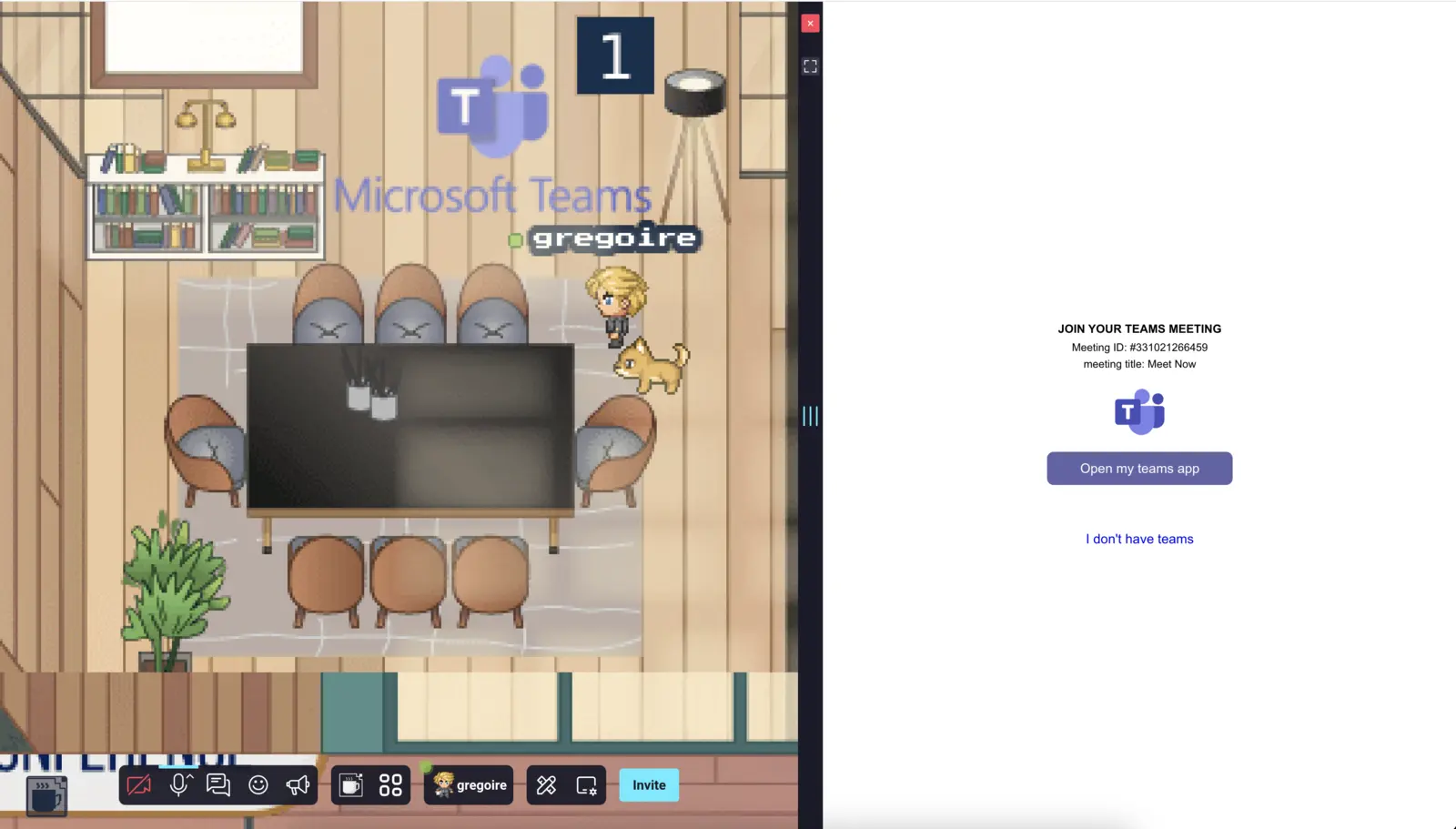 An avatar is in a meeting room on the left side of the screen. On the right side of the screen there's a button to go to microsoft Teams' meeting.