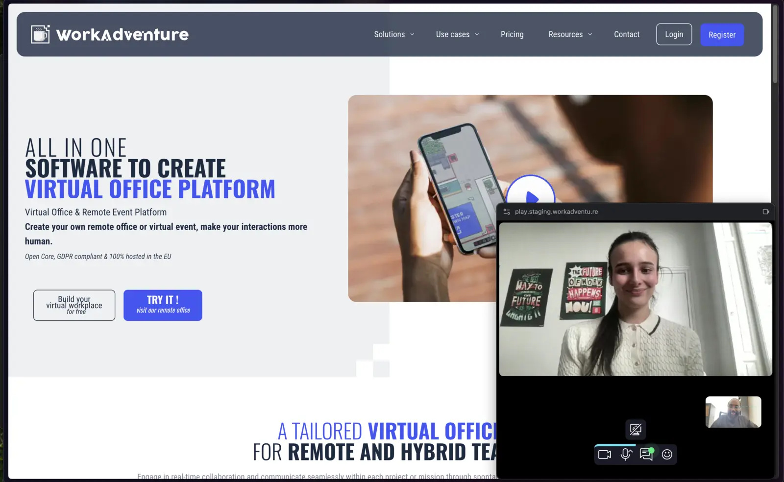 The website of Workadventure acts as a background picture. On the lower right side of the screen there are two screens showing the web cameras of two people, a girl and a boy.