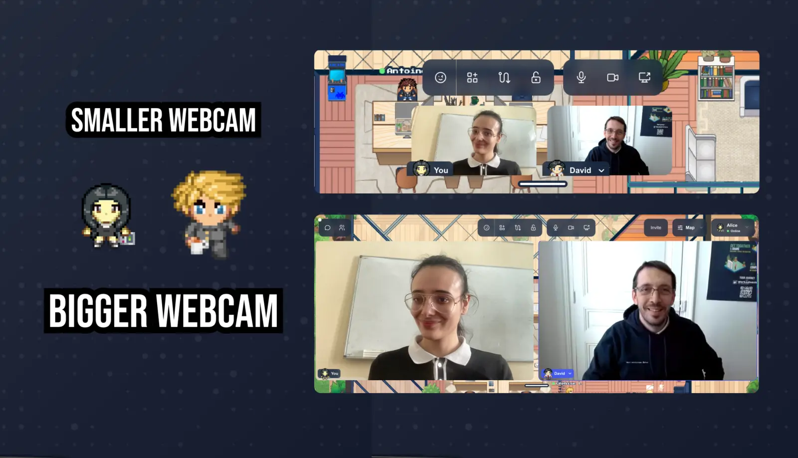 You can resize your webcam layout however you want with WorkAdventure 1.25