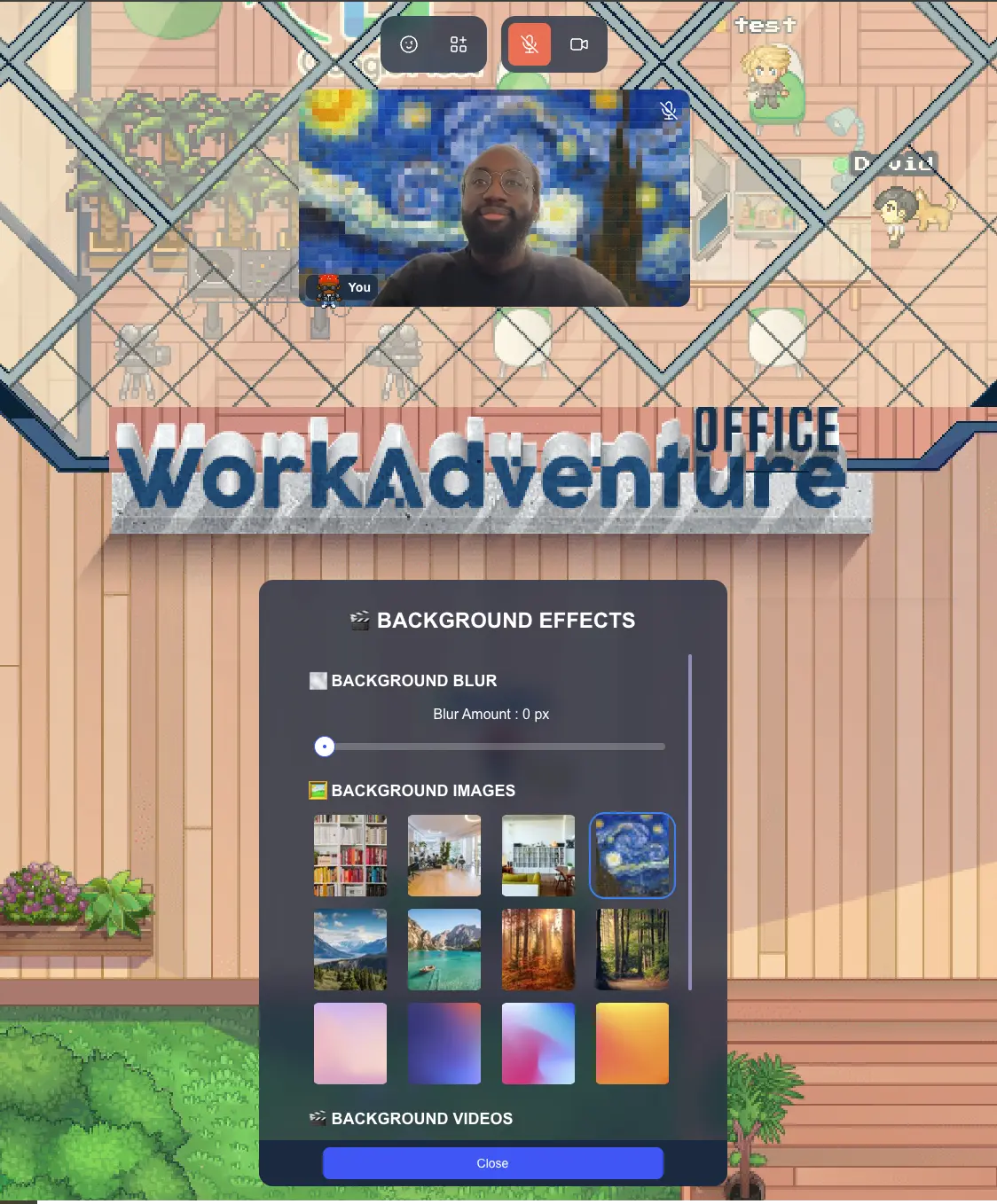 Virtual backgrounds in bubbles and meeting rooms (static or animated)