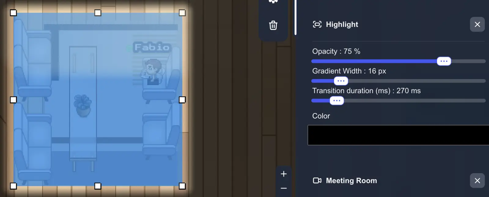 Highlight zones: dim the map outside the active meeting or stage area