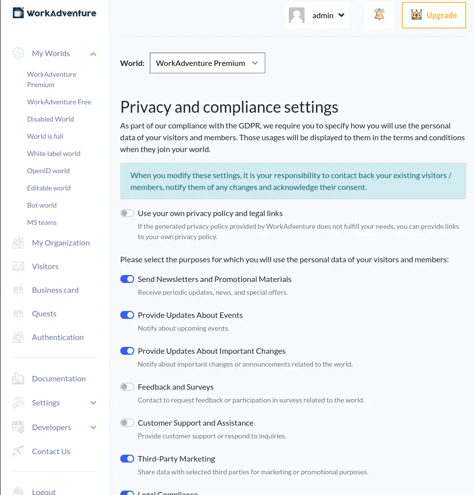 The Privacy / Compliance page in the WorkAdventure dashboard: a checkbox for each purpose you can
declare, a free-text field for anything else, and the contact address published in your
policy.
