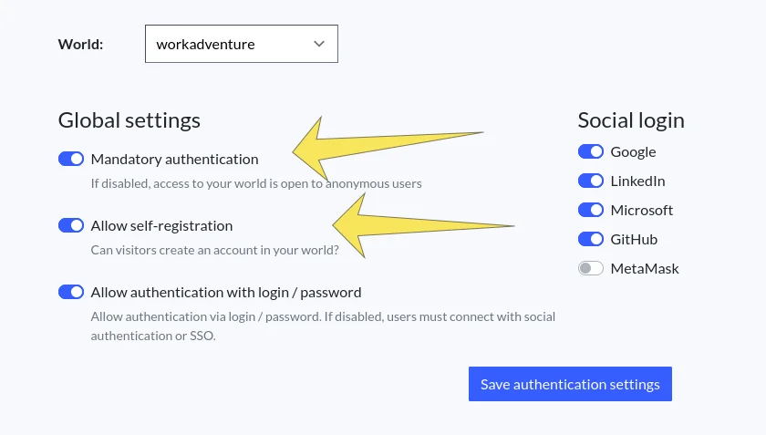 The access settings of a world, with mandatory authentication and self-registration enabled