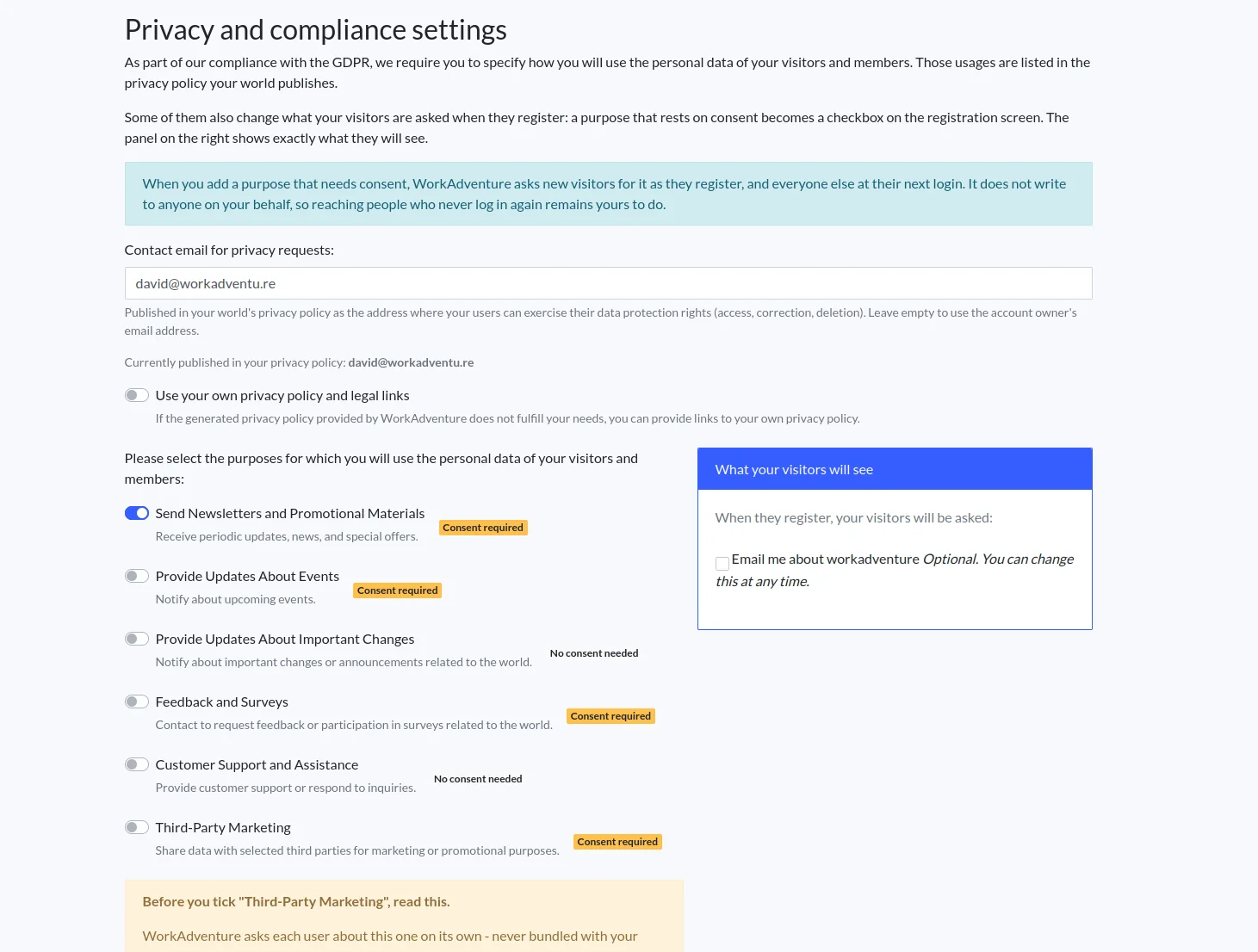 The privacy policy page in the admin dashboard, with the consent-based purposes