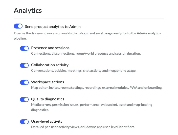 The Analytics section of Edit world, with the main switch and the five categories