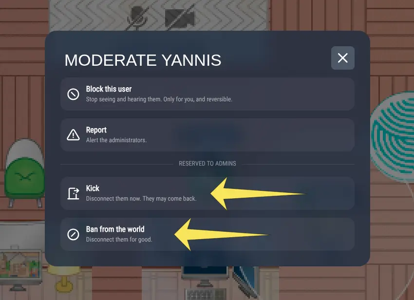 The "Moderate" dialog on a user, with the Kick and "Ban from the world" actions reserved to admins