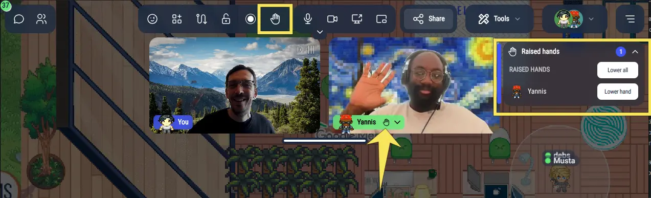 A raised hand in a meeting: the raise hand button in the action bar, the hand icon next to the participant's name, and the "Raised hands" panel with "Lower hand" and "Lower all"