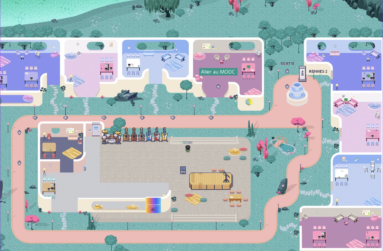 Salle de classe virtuelle sur le campus numérique avatars, échanges et discussions vidéo de proximité