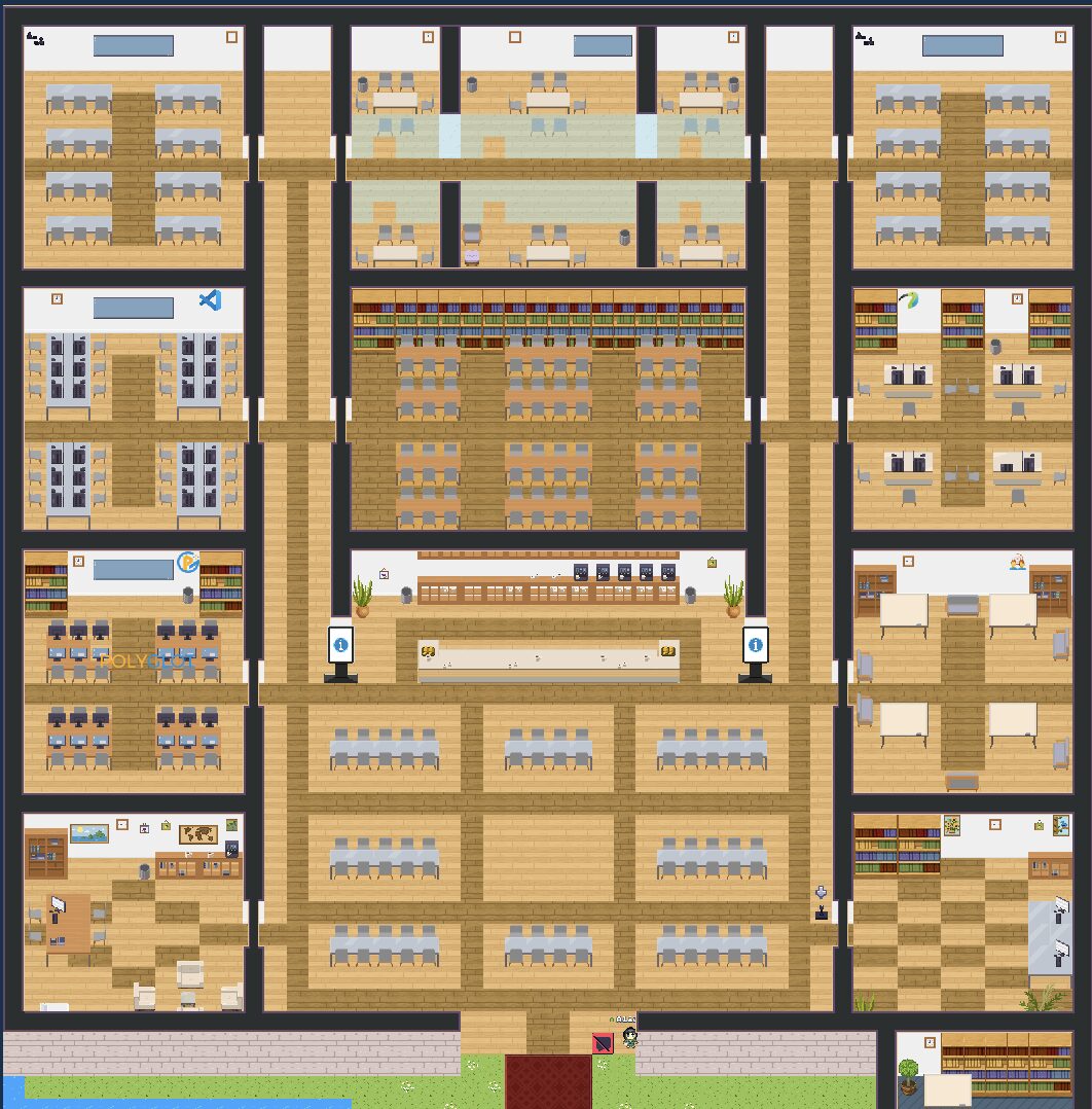 Carte Univaq dans WorkAdventure pour l’apprentissage par le jeu campus virtuel et salles d’activités
