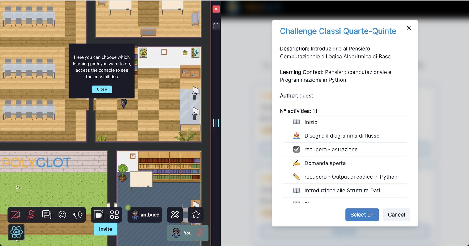 Processus d’apprentissage par le jeu choisir un parcours, suivre les salles, gagner des points et suivre la progression