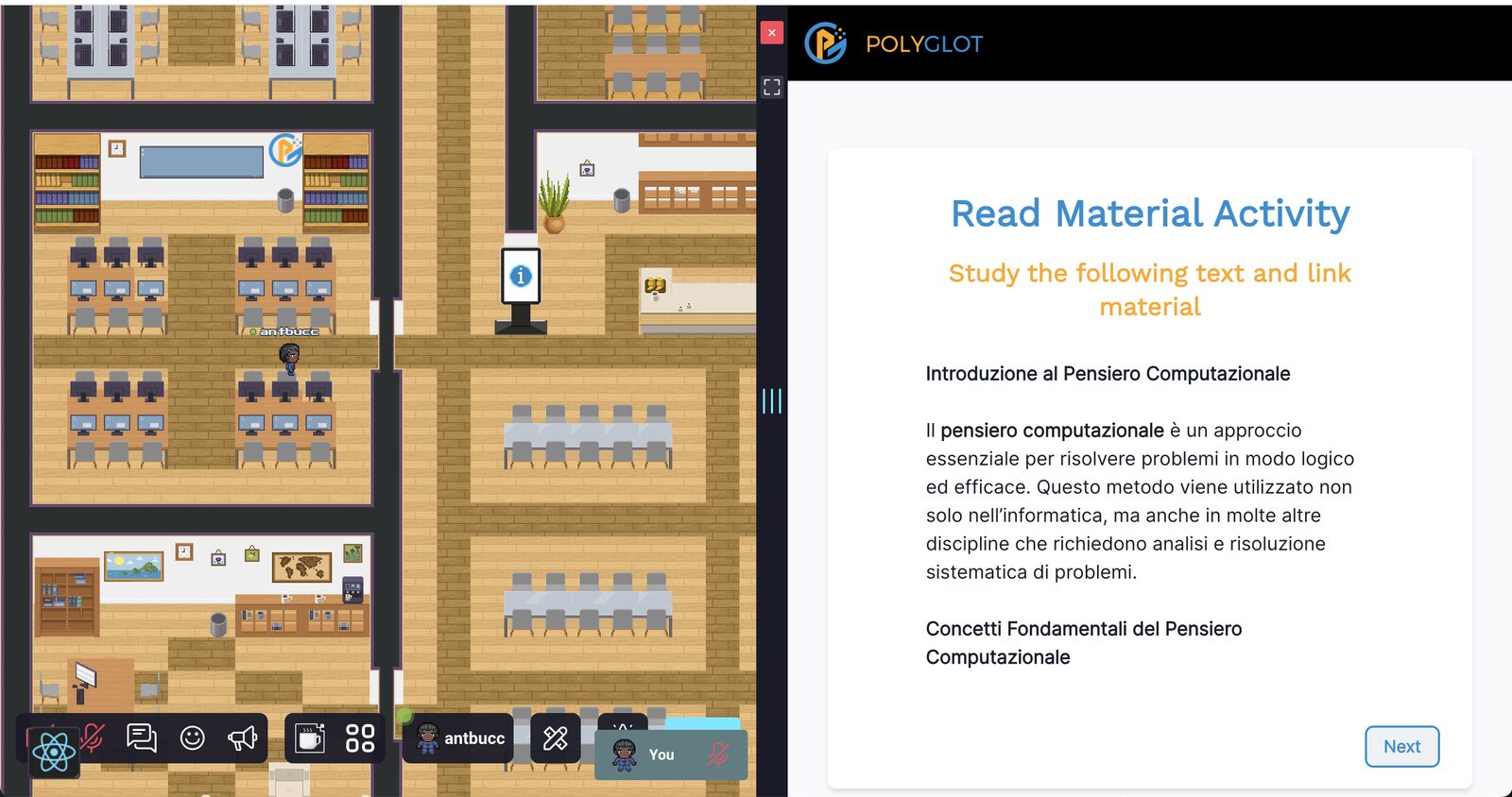 Activité de lecture intégrée au parcours ressources pédagogiques accessibles dans une salle WorkAdventure