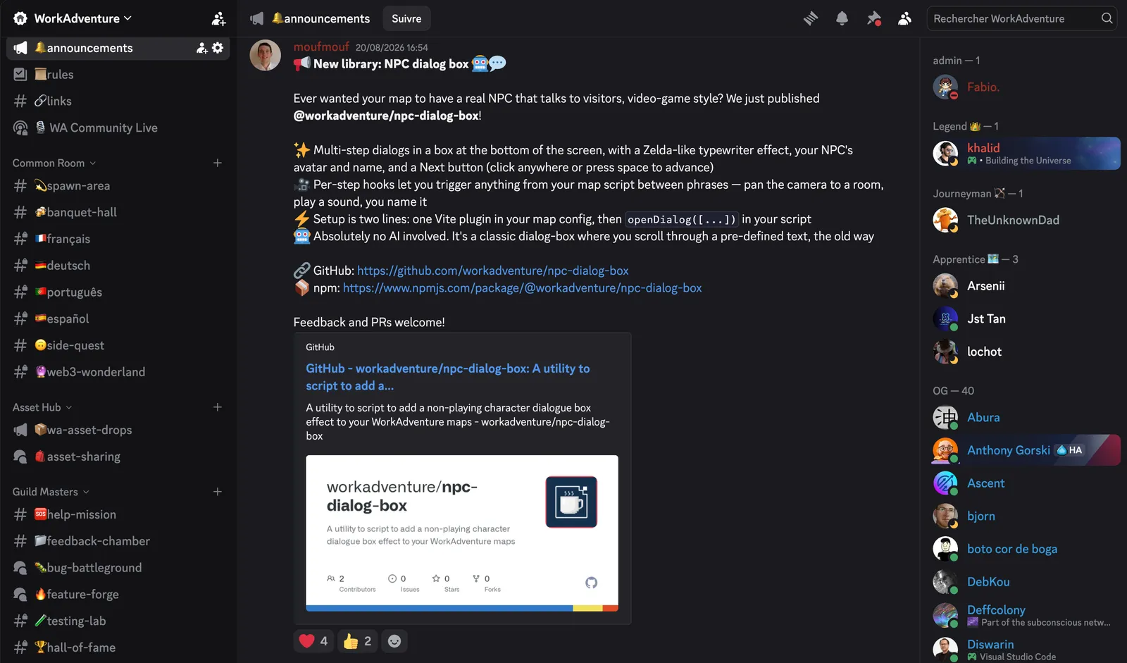 The WorkAdventure Discord server, with the channel list on the left, an announcement message in the middle and the member list on the right.