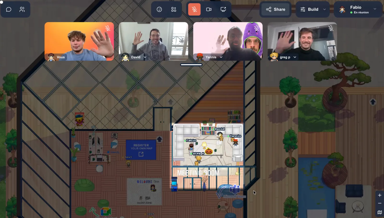 A WorkAdventure office map seen from above. Four avatars stand together in a meeting room, and the video feeds of the four participants line the top of the screen.