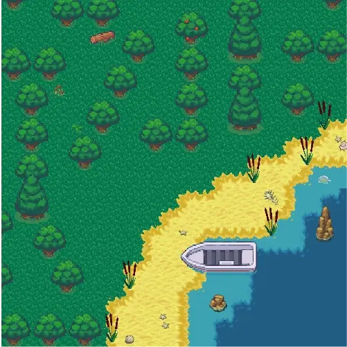 Pixel-art view of the escape game's map: a boat moored on a forested shoreline