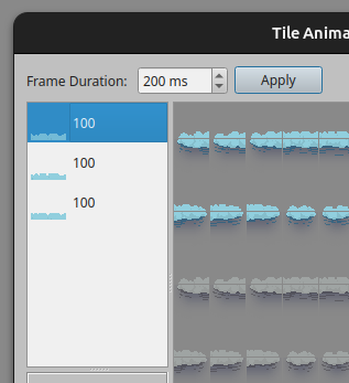 Tiled animation editor: the water tile, at 100ms per frame