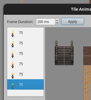 Tiled animation editor: the fire tile, at 75ms per frame